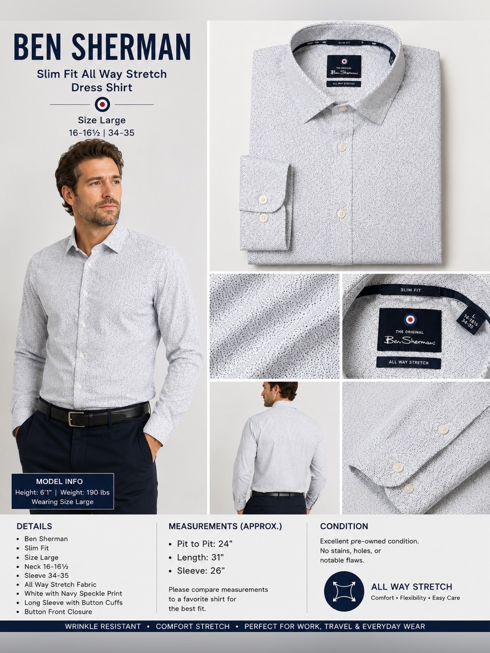 Ben Sherman Slim Fit All Way Stretch Dress Shirt White Speckled L 16-16.5